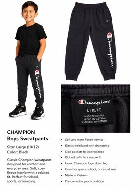 Champion Boys Black Joggers with White & Red Logo